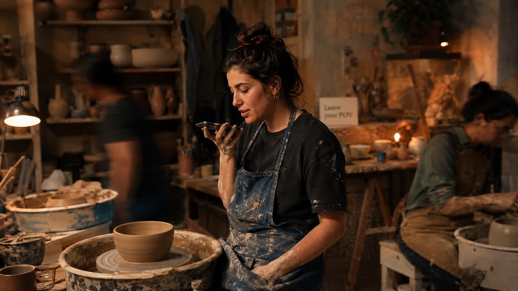 A maker speaking a review after a hands-on pottery workshop