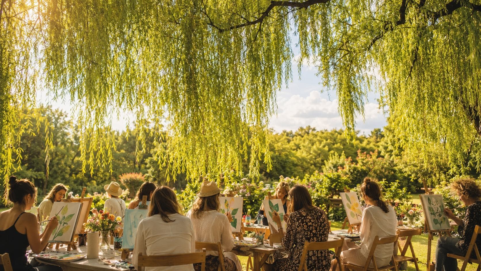 An outdoor hands-on workshop under a willow tree