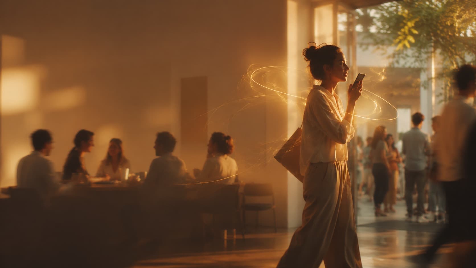 A traveller speaking a voice review, carrying the feeling of the room with them