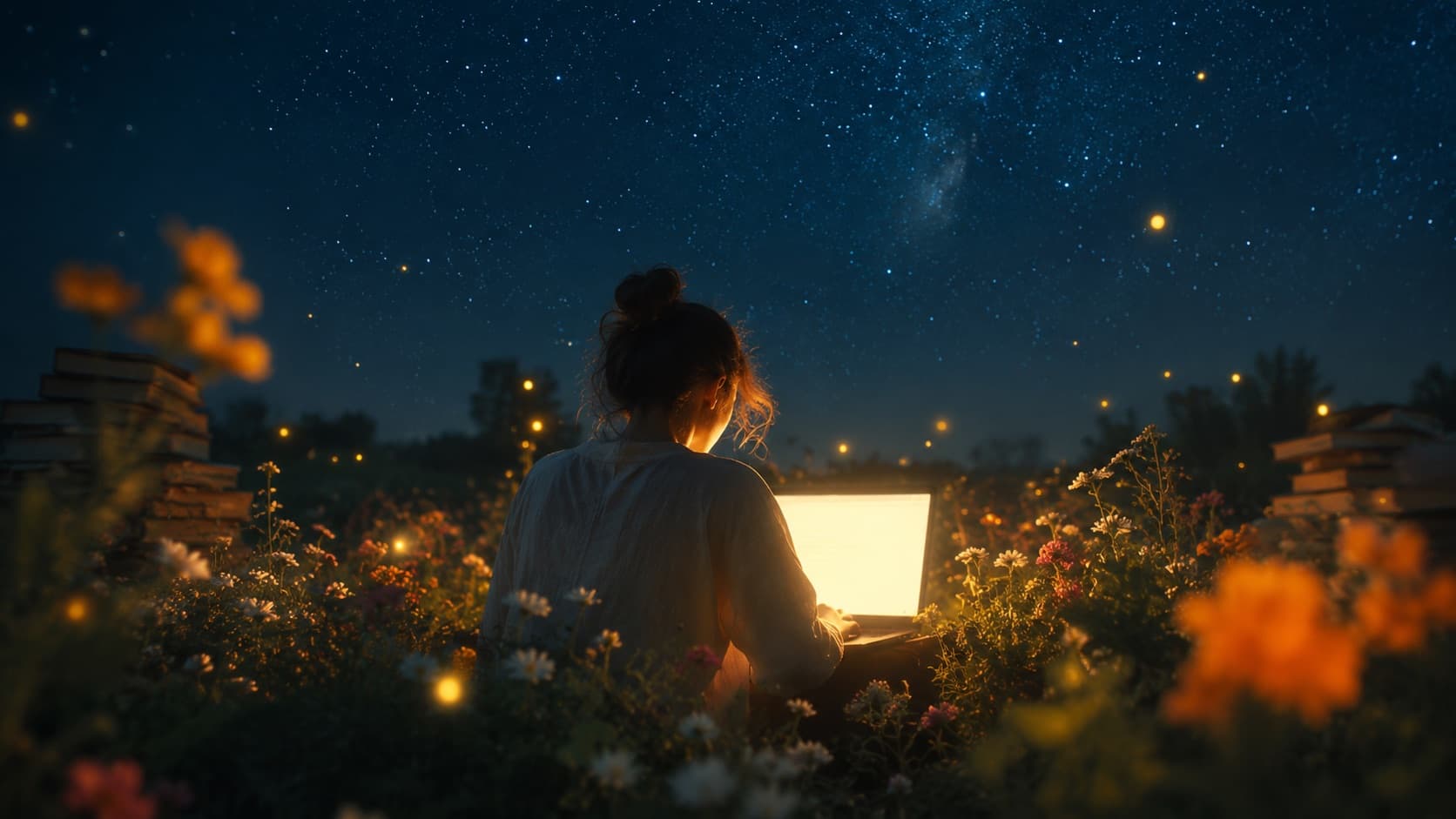 Someone reflecting under the stars while working in a garden